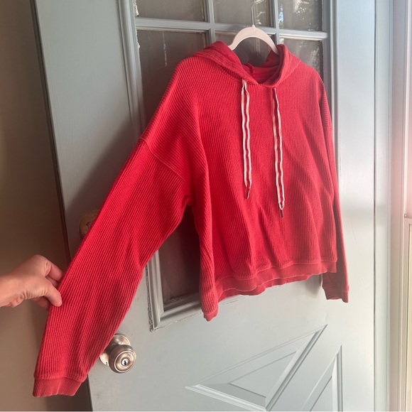 Aerie Ribbed Drawstring Cotton Hoodie Hooded Sweatshirt Red Oversized Chunky S - Picture 2 of 9